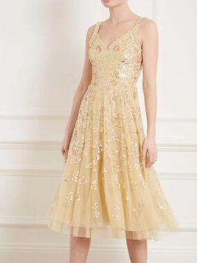 Needle & Thread NEW + Tags gown Valentina dress sequins gold rushed BHLDN tulle